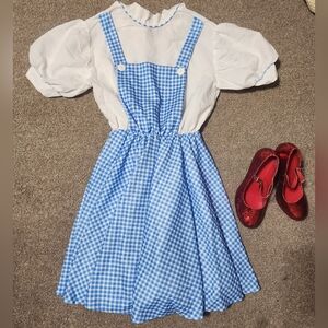 Blue Gingham Dress with White Blouse and Red Shoes